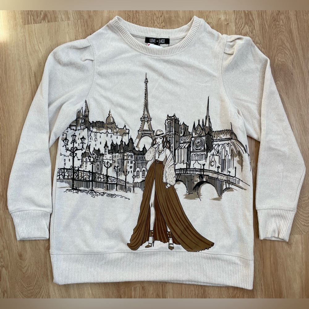 New NWT Love + Lace large Paris sweater tan Eiffel Tower retro River Seine